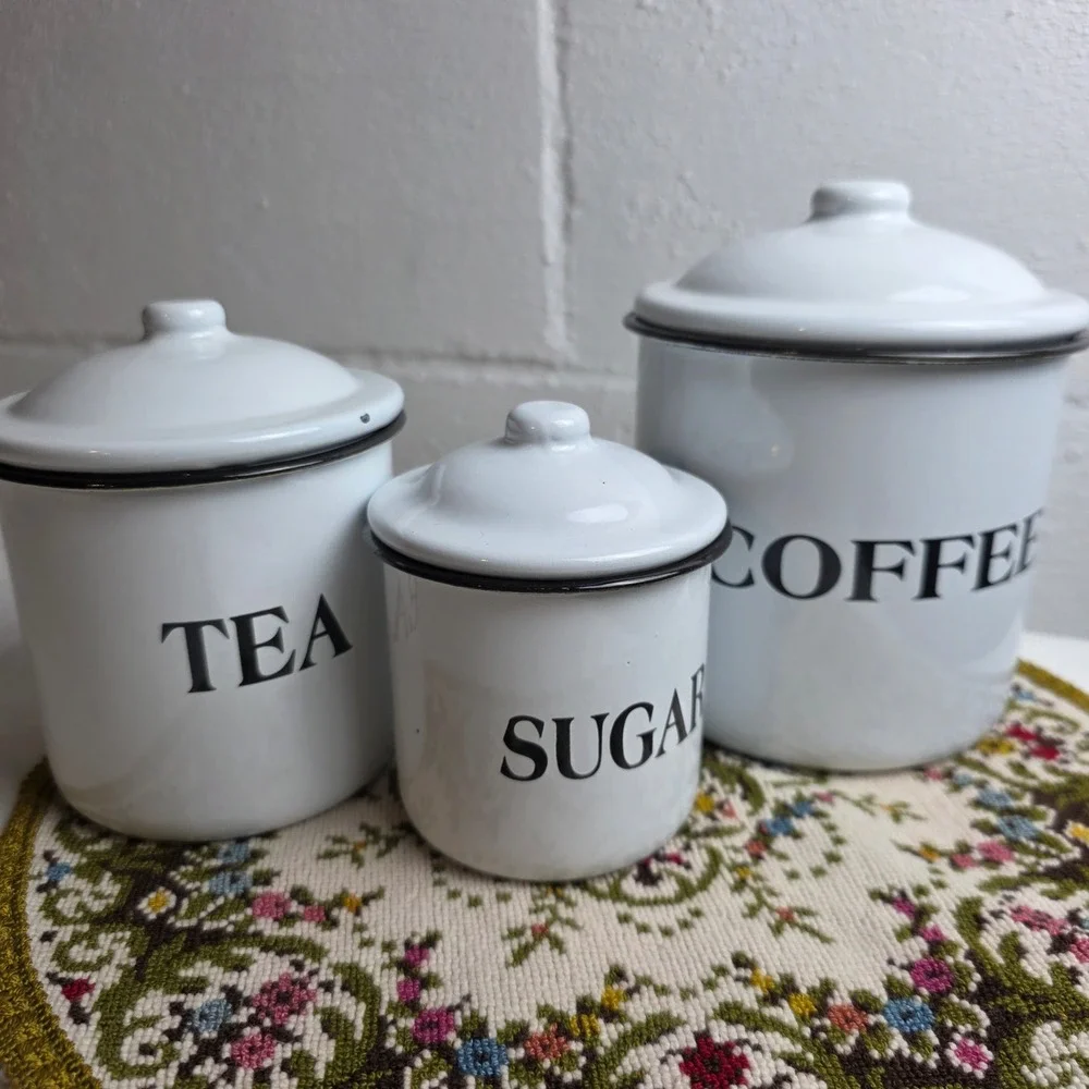 White Enamel Canister Set 3pc Farmhouse Coffee Tea Sugar Kitchen Storage Jars